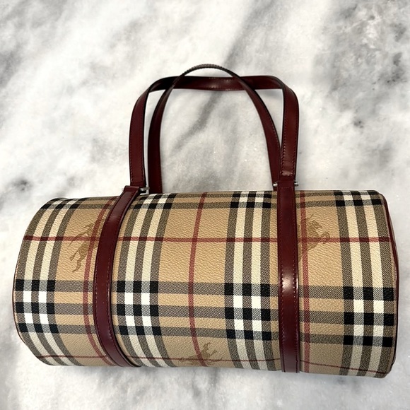 Burberry Handbags - RARE LIKE NEW Burberry Red Leather Trim Haymarket Check Barrel Round Bag